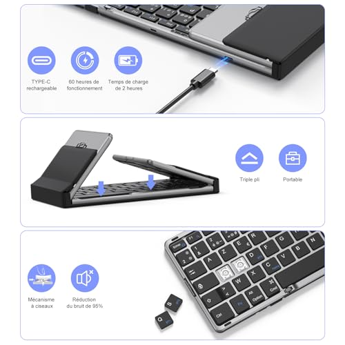 Clavier Bluetooth AZERTY pliable portable avec pavé tactile pour tablette Windows et Mac