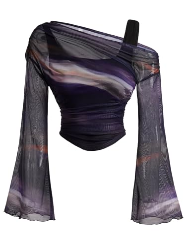 Verdusa Women's Y2k Off The Shoulder Tops Mesh Long Sleeve Crop Tops...