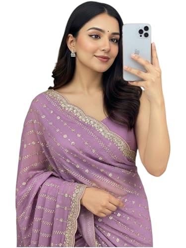Image of RADHA Women's Embroidery Work Saree with Designer Border for Festive and Traditional Ethnic Drape Saree with Detailed Thread Style Pattern and Elegant Occasion Look