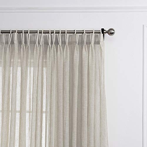 LANTIME Sheer Curtains 90 inches Long, Faux Linen Double Pleated Window Sheer Curtains Panels Drapery for Home, Hotel, Office, 26" W x 90" L, Set of 2, Camel