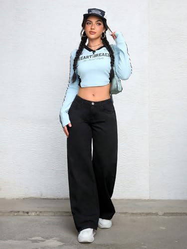 Image of Shasmi Women's Black Wide Leg Baggy Jeans High Waist Relaxed Fit Denim Pants - Loose Straight Fit Korean Style Oversized Casual Jean for Womens (Jeans 294)