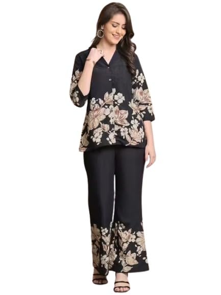 Women’s Floral Printed Co-Ord Set – V-Neck Button-Down Shirt with 3/4 Sleeves & Matching Flared Pants – Elegant Casual Outfit-image-47