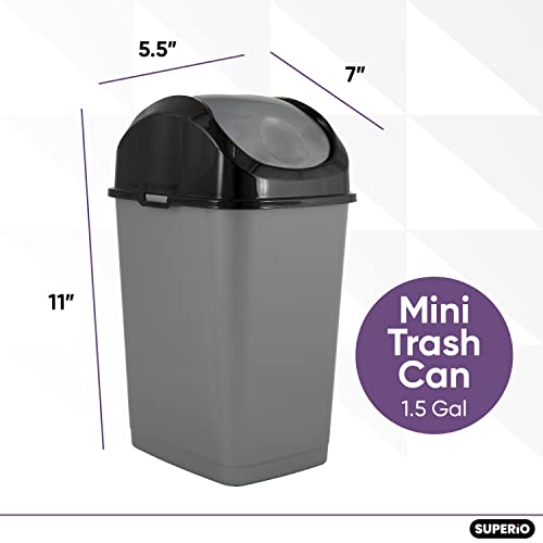 Superio 1.25 Gal Mini Plastic Trash Can With Swing Top Lid Small Waste Bin For Countertop, Desk, Vanity, Bathroom 5 Quart (Grey/Black, 3 Pack) #TOP1