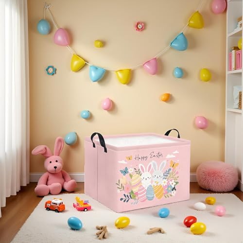 Image of Rectangular Easter Basket for Home Kitchen Baby Girls Basket Cute Storage Bin Organizer Shelf Book Room Decor(Pink Easter)