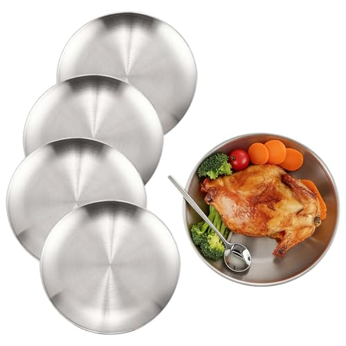 ZHYUAN 4 STK 20 CM EdelstahlRundes Geschirr,EdelstahlCampingTeller,20 cm Edelstahlrunden Geschirr,Metall-Speiseteller,Edelstahl Camping Teller Set,für Camping,Picknick,Wandern,Küche,Party (4)