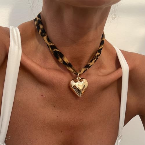 Scarf Necklace with Charm Gold Starfish Chunky Cross Heart Flower Pendants Bandana Charm Necklace Leopard Choker Necklaces for Women Boho Beach Jewelry Gift for Women3