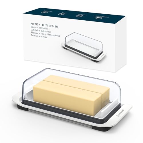 KITCHENDAO Large Airtight Butter Dish with Lid for Countertop and Fridge, Butter Keeper, Plastic Butter Holder Tray for 2 Sticks East Coast/West Coast/European Style/ Kerrygold Butter/ Cream Cheese