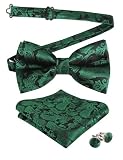 Men's Paisley Bow Tie, Hanky and Cufflinks Set (Dark Green)(Size: One Size)