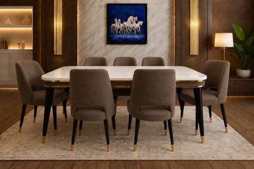 Image of WOODEN SPACE 6-Seater Wooden Dining Table Set | Nano Composite Marble Top | Solid Wood Base | Modern Dining Room Furniture with 6 Chairs (Brown Vintage)