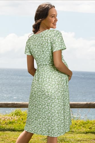 Image of OUGES Maternity Nursing Dress Breastfeeding Short Sleeve V Neck Casual Pregnancy Clothes with Pockets