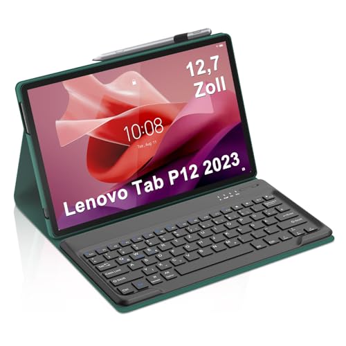Occtingkind Hülle mit Tastatur für Lenovo Tab P12 12 7 (2023 TB370FU) - Deutsche QWERTZ Tastatur Bluetooth 5.0 120 Tage Standby Unterer Stiftschlitz 90h Nutzung Smaragdgrün