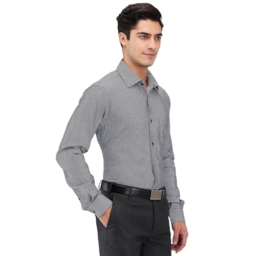 Image of Raymond Men's Slim Fit Formal Shirt | Pure Cotton Structured Weave Semi Cutaway Collar Business Wear Black