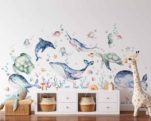 Vinilos decorativos oceánicos para pared - conjunto de ballenas y animales marinos