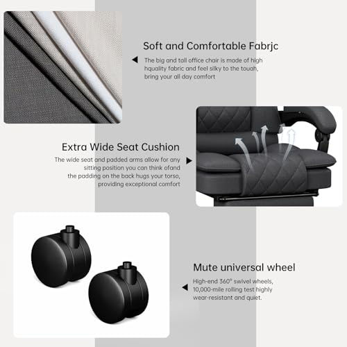 Office Chair, Ergonomic Office Chair with Footrest ＆ Wide Seat, Fabric Big and Tall Computer Chair for Adults, Adjustable Height Desk Chair, Heavy Duty Executive Recliner, 350LBS,  image 4