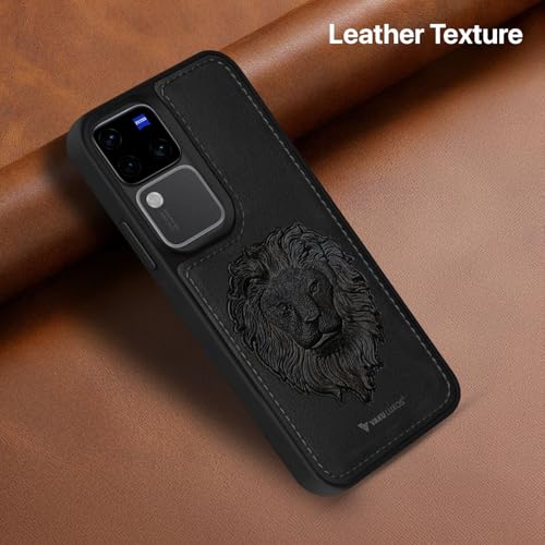 Image of Vaku Luxos️ Lion Embossed Back Cover Case for Vivo V30 5G Premium Leather Stitched Soft Shockproof Protective TPU Phone Case Camera Screen Protector- Black