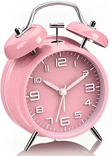 YsyYey Pink Alarm Clock, Twin Bell Alarm Clock, Extra Loud for Heavy Sleepers, No Ticking, Battery Operated with Night Light, Vintage Metal Bedside Clock for Girls, Teenagers and Women
