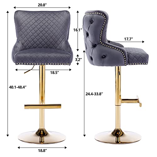 Kcc Velvet Barstools Set Of 2, Upholstered Adjustable Swivel Stool Chairs With Chrome Base Golden Lion Pull Ring Diamond Pattern Rivet Trim And High Tufted Backrest For Kitchen Pub Grey thumb #2