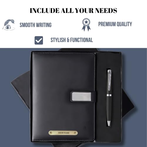 Image of 2 in 1 Personalized Diary & Pen Gift Set | Custom Name Engraved Leather Notebook & Metal Pen | Perfect for Office, & Corporate, Personal Use & Gifting (Black)