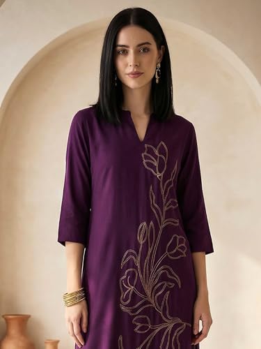 Image of INDO ERA Women's Viscose Rayon Floral Embroidered Straight Calf Length Kurta & Pant Set (IEAI12330)