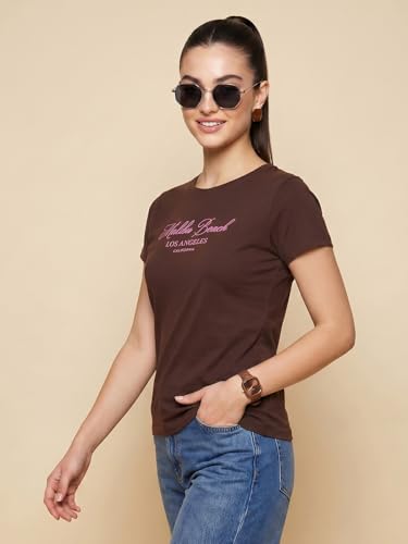 Image of JUNEBERRY Women's Regular Fit Printed Tee - 100% Pure Cotton, Round Neck, Half Sleeve Graphic T-Shirt for Daily Use (Colors: Red, Brown, Green & Future Dusk)