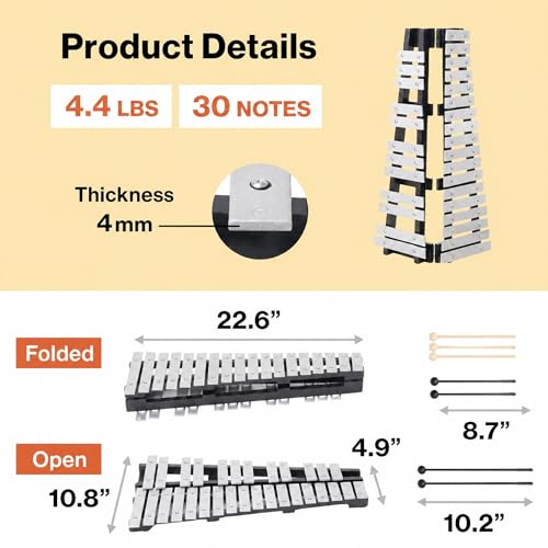 Image of Japard 30-Note Glockenspiel Bell Kit, 6 Mallets, Carrying Bag | Portable Percussion Set for Music Practice, School, Band and Performance