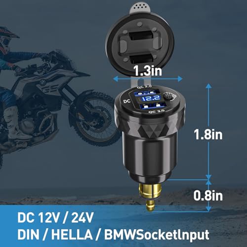 Image of Hella Din Motorcycle USB Charger (NOT for Car Cigarette Socket) - Dual USB-A QC3.0 18W Waterproof Charger w /Switch & Voltmeter for BMW Ducati Triumph