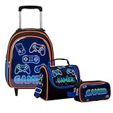 Kit Mochila de Rodinha Escolar Gamer Infantil Masculino + Lancheira Transversal + Estojo Duplo Menino