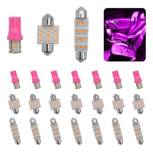 Hirificing 24PCS LED Interior Car Lights, Interior Car Lights Dome Light Set T10 31 mm 42 mm Replacement Bulbs for Top Map Dome Tail Cab Lights and License Plate Courtesy Lights Accessories (Pink)
