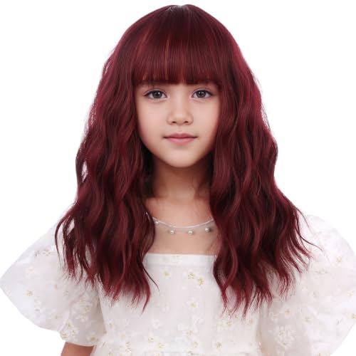 Image of Wine Red Wig Short Wine Red Wavy Curly Wig with Bangs Synthetic Cosplay Hair Wig