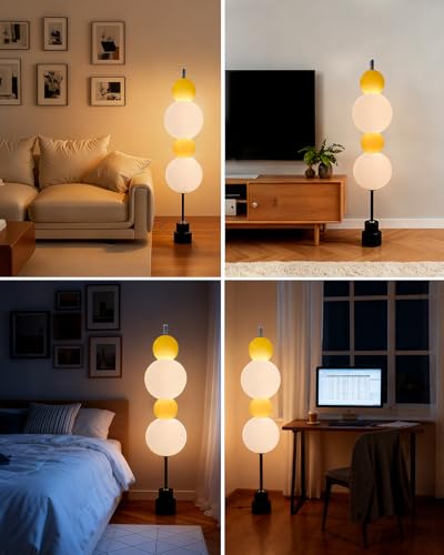 Image of Yellow Globe Floor Lamp - Metal, Gold - 3 CCT (3000K /4000K /5000K) Dimmable LED, Touch Switch, Modern Tall Standing Lamp for Bedroom, Living Room, Home Office