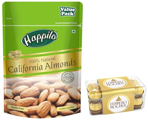 Image of Happilo 100% Natural Premium California Dried Almonds 500g Pack Pouch & Ferrero Rocher, 16 Pieces, 200 gm