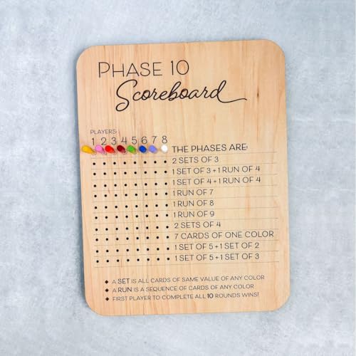 Tablero de puntuación Phase 10 de madera 2025 con 8 clavijas de colores miniatura 6