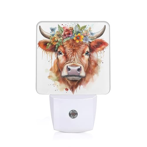 Image of Cute Highland Cow Night Lights Plug into WallFlower Watercolor Decorative Night Light Dusk to Dawn LED Lamp for Bedroom Bathroom Living Room