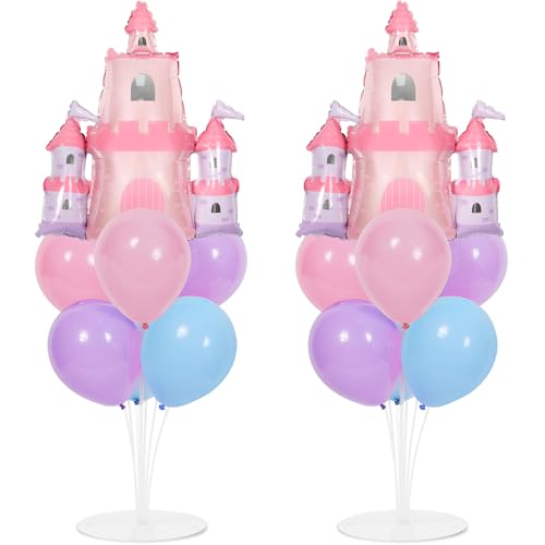 Princess Party Balloons Stand Kit 2 Sets with 2 Princess Castle Foil Balloons Pastel Blue Pink Purple Themed Party Balloon Centerpiece for Tables for Girls Baby Shower Fairytales Birthday Decorations