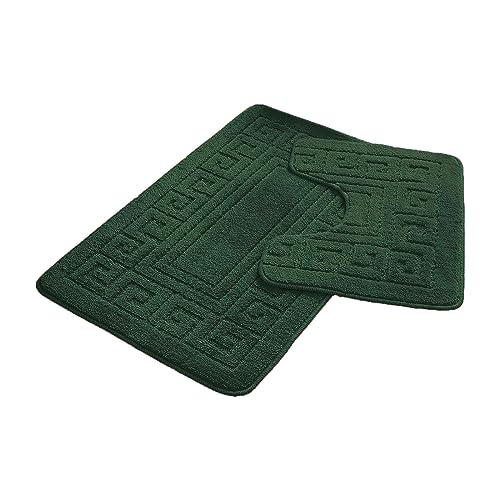 FAIRWAYUK Bathroom Mats Sets 2 Pieces, Ultra Plush Greek Pattern Bath Mat Anti Slip Pedestal Set, Extra Absorbent 100% Polypropylene Toilet Rug, Bathroom Accessory (Dark Green)
