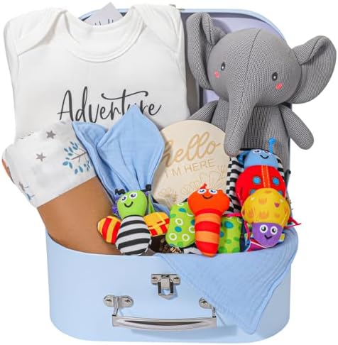 Baby Boy Gifts for Baby Shower,Baby Boy Gifts Basket Includes Newborn Blanket,Essentials Infant Rattle Socks Elephant Toys Onesies