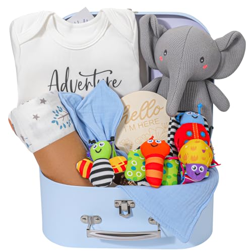 Baby Boy Gifts for Baby Shower, 11pcs Newborn Essential Basket Includes Newborn Blanket,Onesie,Wooden Rattle,Welcome Baby Gift Box Gender Reveal Infant Boy Gift Basket Set