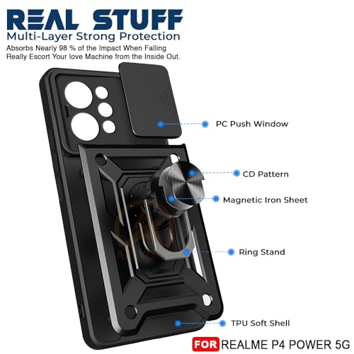 Image of Armor Bumper Back Cover Case for Realme P4 Power 5G | Rotating Camera Cover, Ring Holder & Kickstand | Heavy Duty & 360 Degree Protection Back Cover (Black)