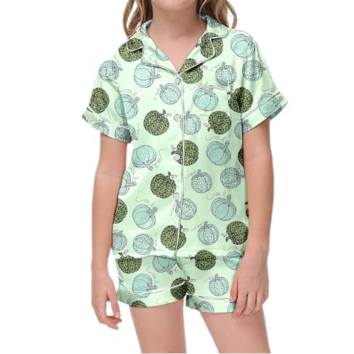 Satin 𝙋ajamas Set for Girl Halloween Skeleton Pumpkin Print 𝙋js 2 Piece Short Sleeve Button-Down Shirt with Shorts