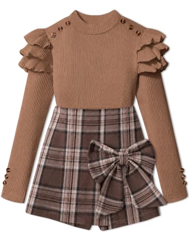 Image of Girls Clothes 2 Piece Ruffle Long Sleeve Shirt Top and Bow Plaid Skirt Set Girls Fall Winter Outfits 6-16 Years