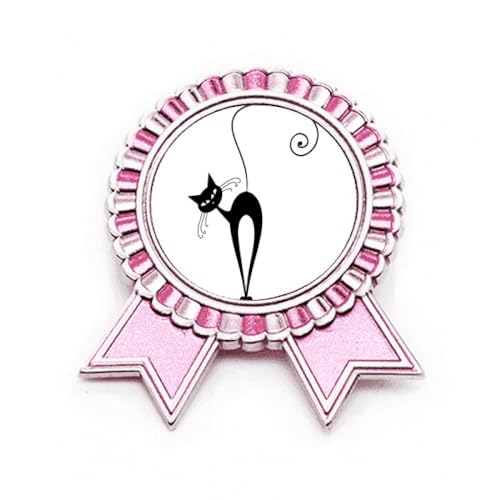 Broche chat noir de collection en métal avec petite médaille rose