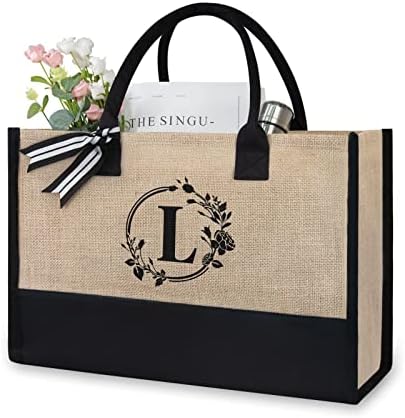 TOPDesign Initial Jute/Canvas Tote Bag, Personalized Present Bag, Suitable for Wedding, Birthday, Beach, Holiday, is a Great Gift for Women, Mom, Teachers, Friends, Bridesmaids (Letter L)