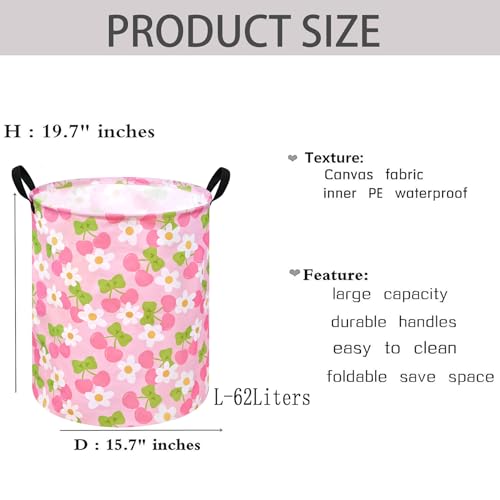 Image of Kids Laundry Hamper Clothes Gift Basket Storage Laundry Baskets Organizer Bin with Handles for Nursery Room (Pink Cherry)