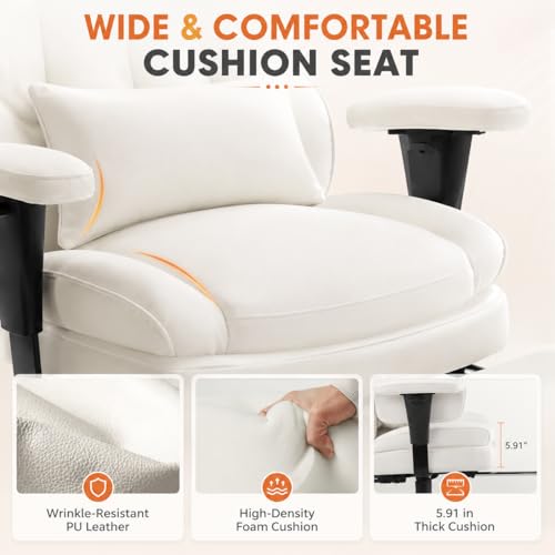 Image of Big and Tall Ergonomic Office Chair with Footrest, Executive High Back PU Leather Desk Chair, Reclining Computer Chair with Adjustable Lumbar Support and Armrests, Swivel Rolling Gaming Chair, Beige