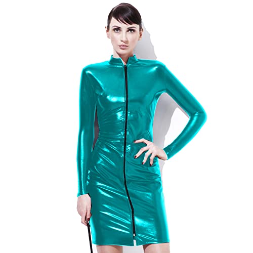 Robe moulante à manches longues en simili cuir bleu ciel grande taille S