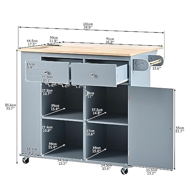 Versatile Kitchen Island for Enhanced Living, Convenient Power Outlet, Drop Leaf Design with Open Storage and Wine Rack, Grey Blue-6LZhObFS