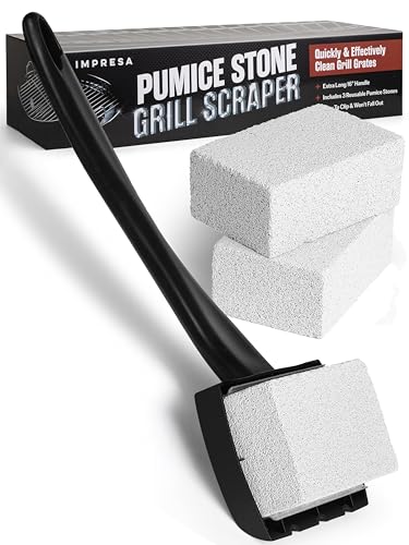 Impresa Pumice Stone Grill Brush - 5 x 2 in Head 16 in Handle Pack of 3 Replacement Bricks - Grease Removal BBQ Cleaning Stone - Ergonomic Long Handle Griddle Cleaning Kit - Versatile Grill Scraper