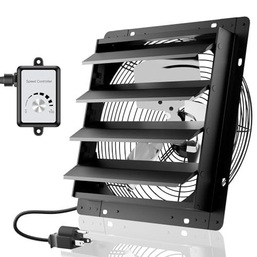 Image of HG Power 14 Inch Attic Fan with Speed Controller, 1294 CFM Shutter Exhaust Fan with EC Motor, Wall Mounted Greenhouse Fan for Shed, Basement, Gable, Chicken Coop Ventilation Use, Black