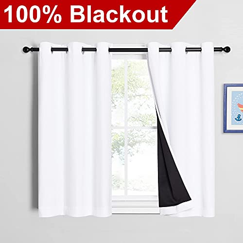 Image of NICETOWN White 100% Blackout Curtains 45 inches Long, 2 Thick Layers Completely Blackout Window Treatment Thermal Insulated Lined Drapes for Small Window (1 Pair, 42 inches Width Each Panel)