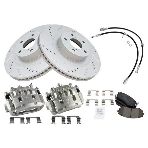 Image of TRQ Performance Front Brake Pad and Rotor Set Ceramic Drilled Slotted | For 2006 Subaru Baja 2005-2009 Outback